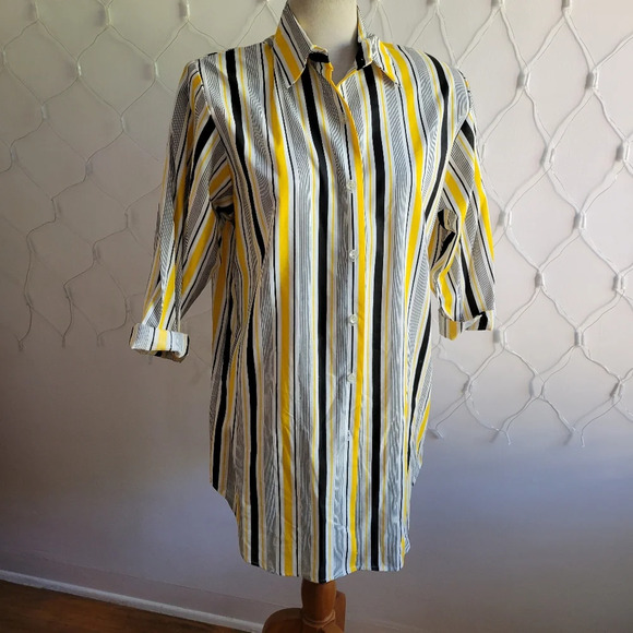 Vintage Striped Tunic Blouse / Button Down / Yellow/Black/White / Sz 10 - Picture 1 of 9